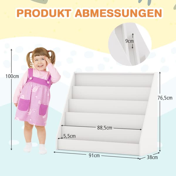 Barnebokhylle med 5 hyller, hvit, trygt design