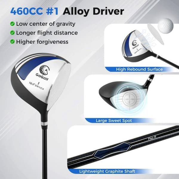 Herrgolfklubbset med 9 delar och ståbag, 460cc driver
