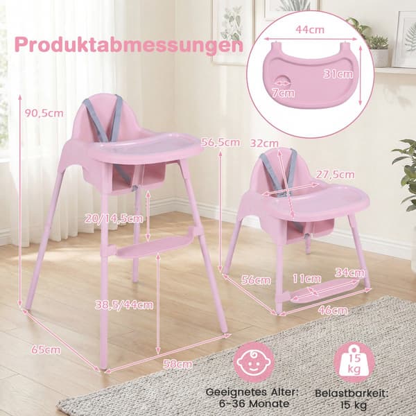 4-i-1 Konvertibel Barnstol med Justerbart Bricka, Rosa