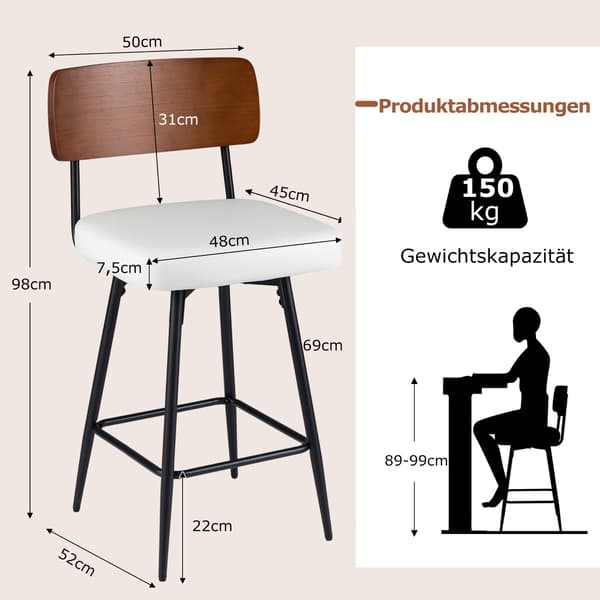 Snurrbara barstolar, set om 2, vitt konstläder, ergonomiska