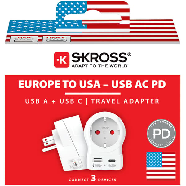 Strømadapter EU til US, USB-A/USB-C, 20W PD jordet