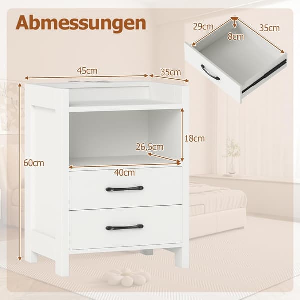 Natbord med LED-lys og ladestation, 2 skuffer