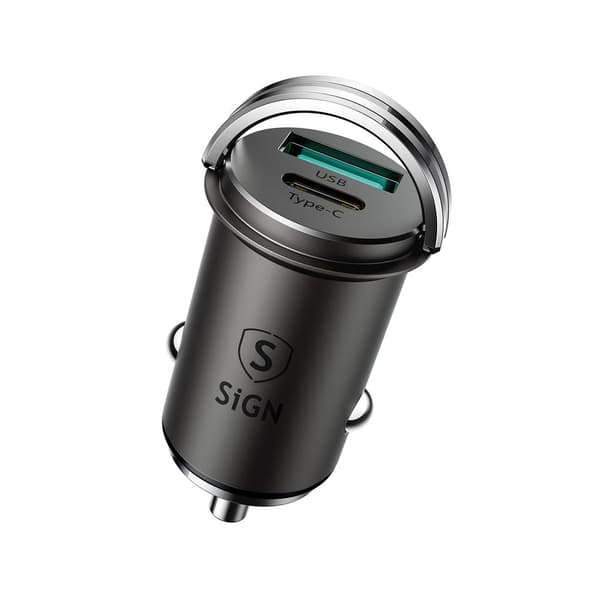 Mini Biloplader USB & USB-C, PD & Q.C3.0, 5A, 20W - Sort