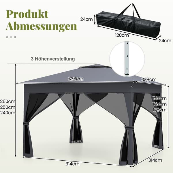 Pop-up-telt med netsider, 337x337cm, grå
