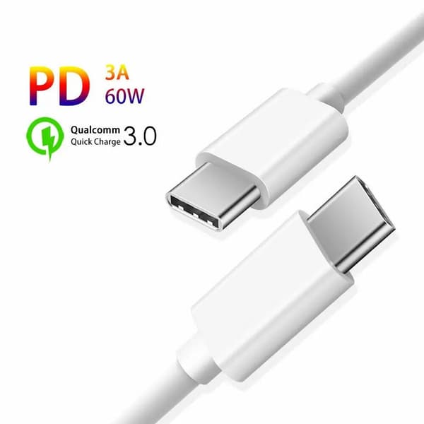 Hurtigladekabel USB-C til USB-C 60W, 3A, PD, 0,25m - Hvit