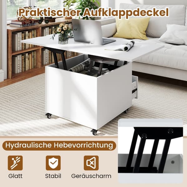 Løftbart salongbord med oppbevaring, hvitt, mobilt