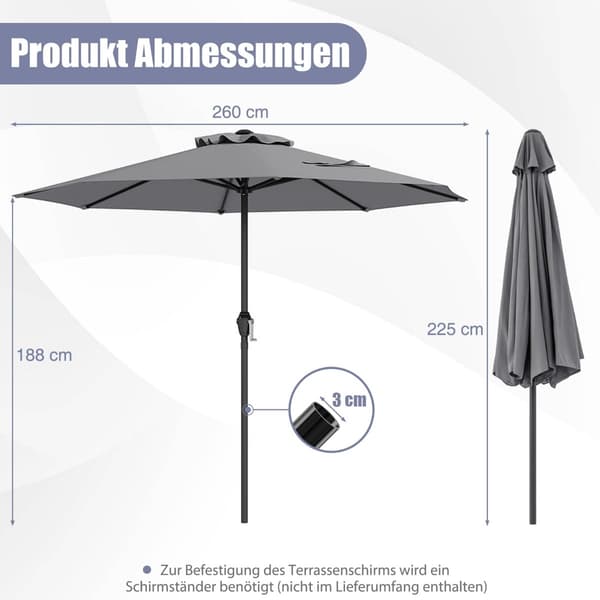 Terrasseparasol 250 cm med håndsving, 8 ribber, grå
