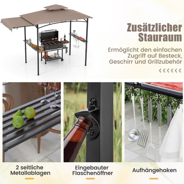 Grillpavillon med sidemarkise og dobbelttag, brun