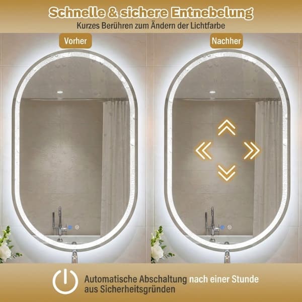 Ovalt LED-baderomsspeil, 90x55 cm, antidugg, dimbar