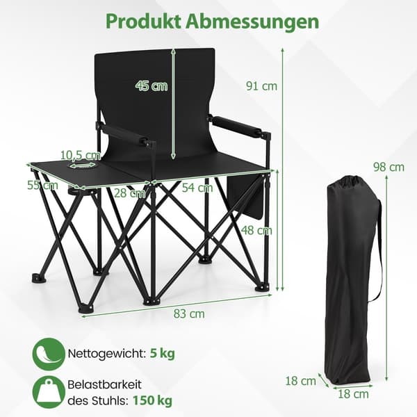 Sammenleggbare campingstoler, sett med 2, med sidebord og koppholder