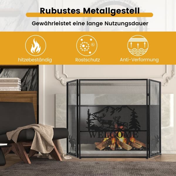 Pejseskærm, 3-panels foldbart metalnet, 132x79 cm