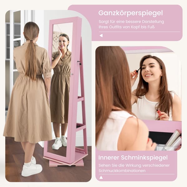 Roterande smyckesskåp med helfigursspegel, rosa