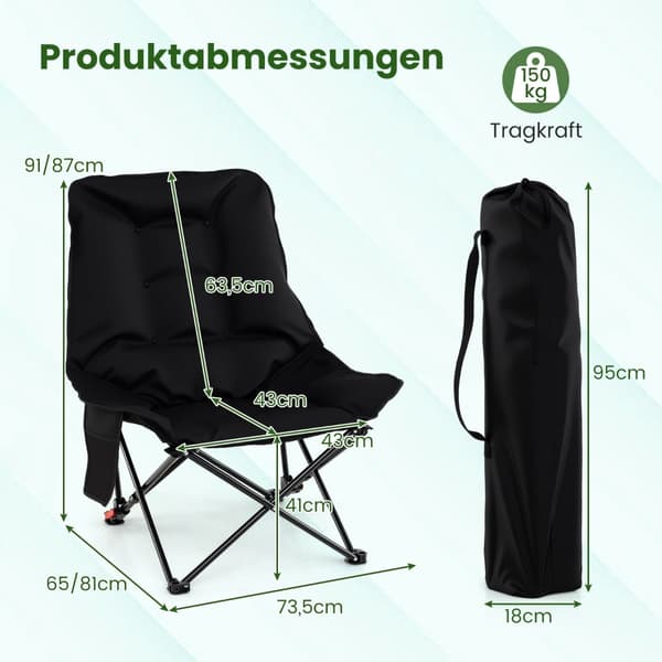 Hopfällbar campingstol, Justerbart ryggstöd, Sidoficka