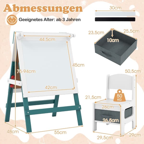 Justerbart staffeli for barn med tavle og whiteboard-sett