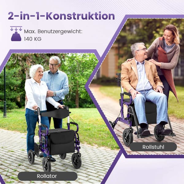 2-i-1 rollator og kørestol, foldbar, 23 cm lufthjul