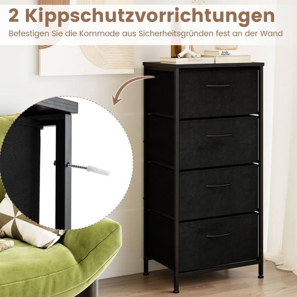 Kommode med 4 skuffer og træplade, metalstel, sort