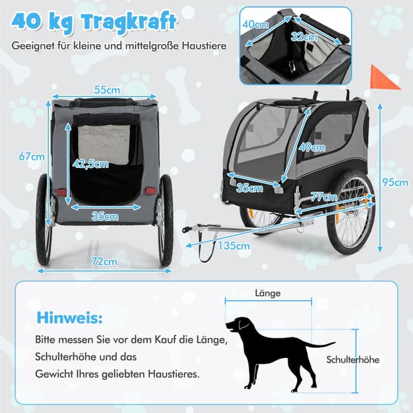Cykeltrailer til kæledyr, foldbar, 40 kg kapacitet, grå