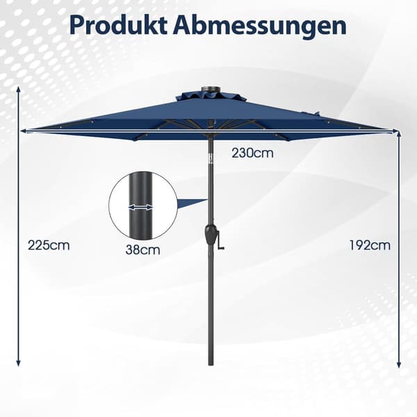 230 cm terrasseparasol med LED-solcellelys, marineblå