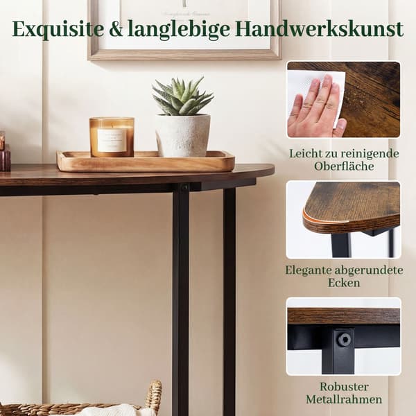 Halvmåneformet konsollbord med 2 hyller, rustikk brun