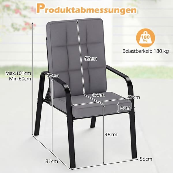 Justerbare terrassestoler sett med 2 med puter, grå
