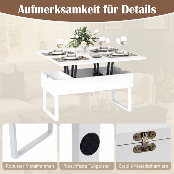 Justerbart soffbord med lyftbar topp och dold förvaring, vit