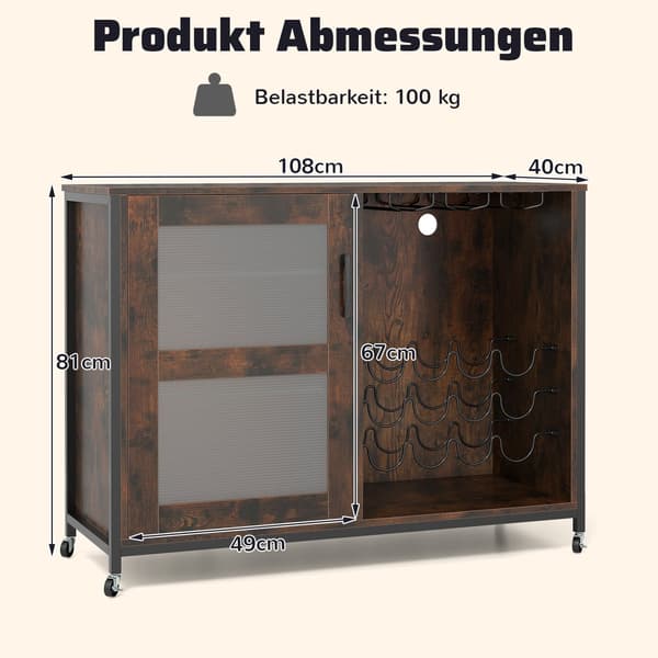 Barskap med LED-lys og justerbare hyller, rustikk brun