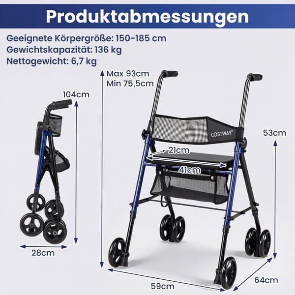 Sammenleggbar rullator med sete, justerbar høyde, blå