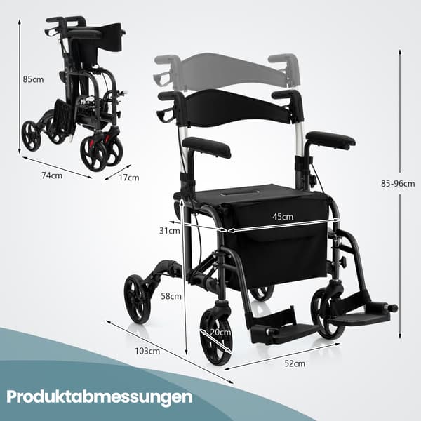 2-i-1 Rollator Gåstol & Kørestol, Sammenklappelig, Sort