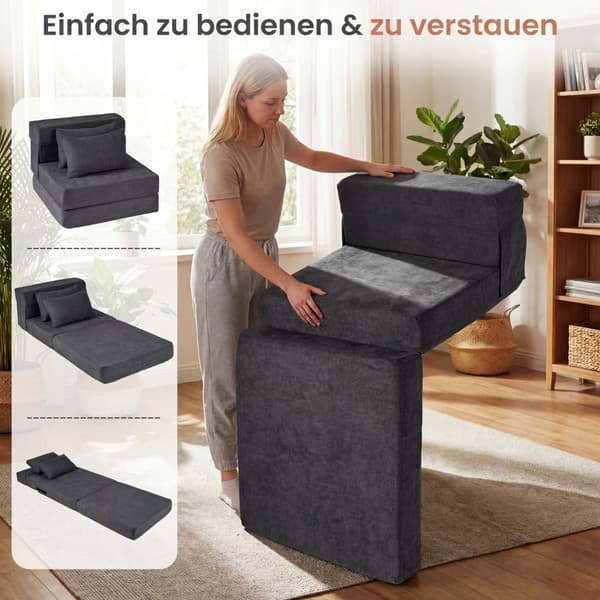 Konverterbar 3-i-1 Chenille-sovesofa med 2 puter, grå