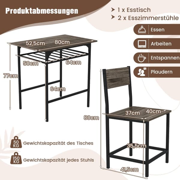 3-delt spisebordsett, trebord og 2 stoler, grå