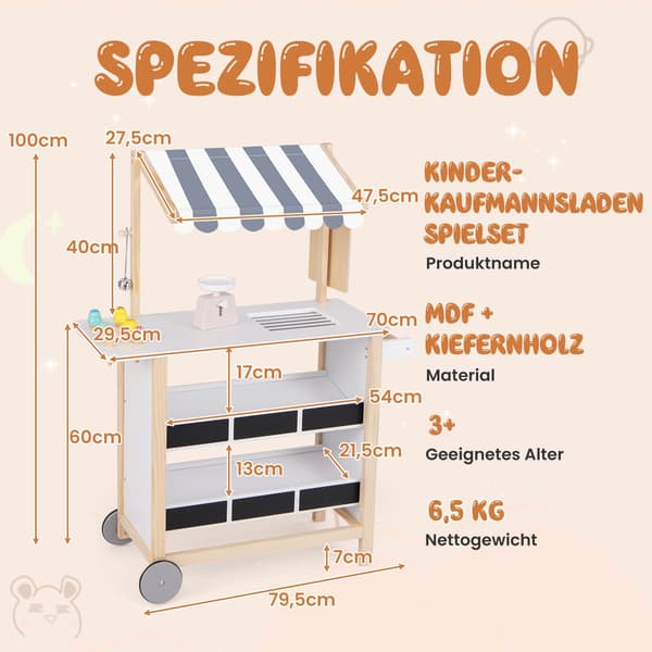 Lasten puinen jäätelökärry, jossa 6 lelua ja hyllyt