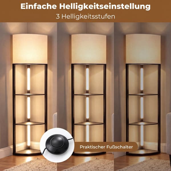 Hjørnegulvlampe med hylder, 3-lags LED, sort