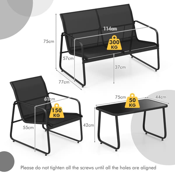 4-delad loungegrupp för utomhusbruk, 2 stolar, tvåsitssoffa, glasbord