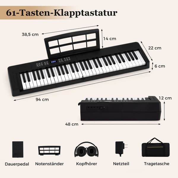 Hopfällbart elektroniskt piano med 61 tangenter, MIDI och split
