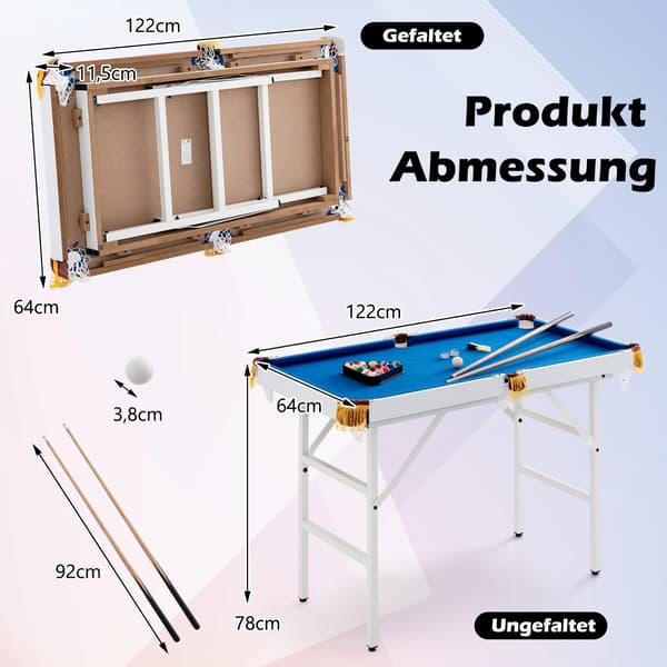 Sammenleggbart biljardbord med køer, baller, kritt og børste