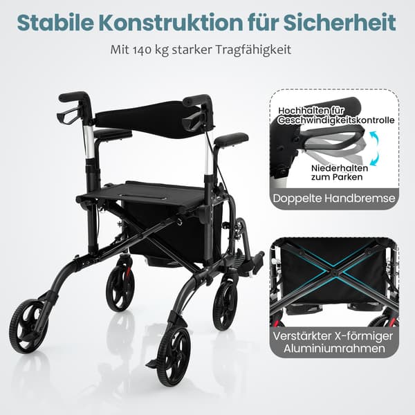 2-i-1 Rollator Gåstol & Kørestol, Sammenklappelig, Sort