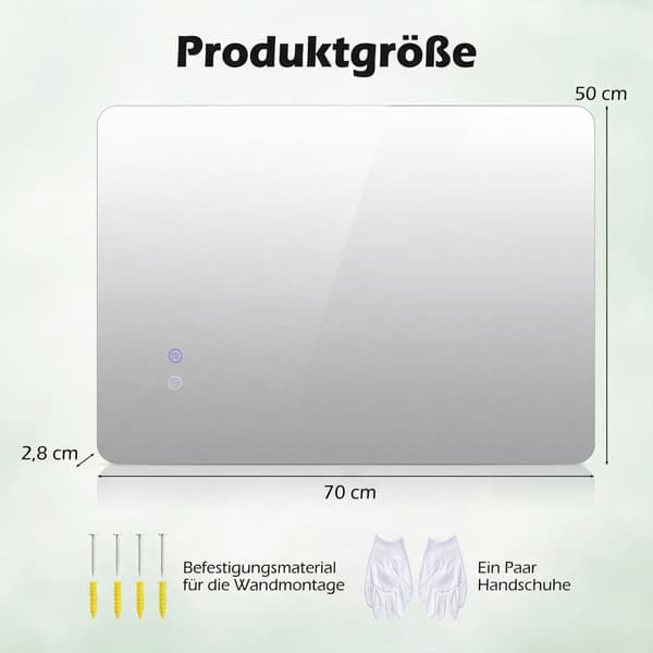 LED-baderomsspeil, 70x50 cm, antidugg, justerbart lys