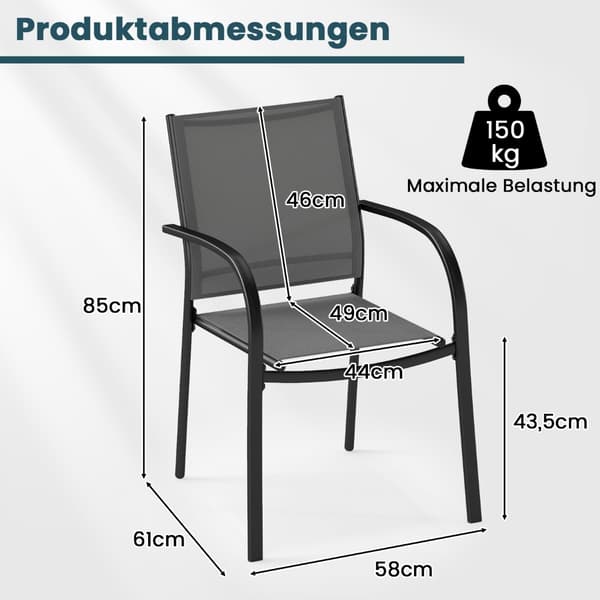 Stabelbare udendørsstole, sæt med 2, metal og tekstil, grå