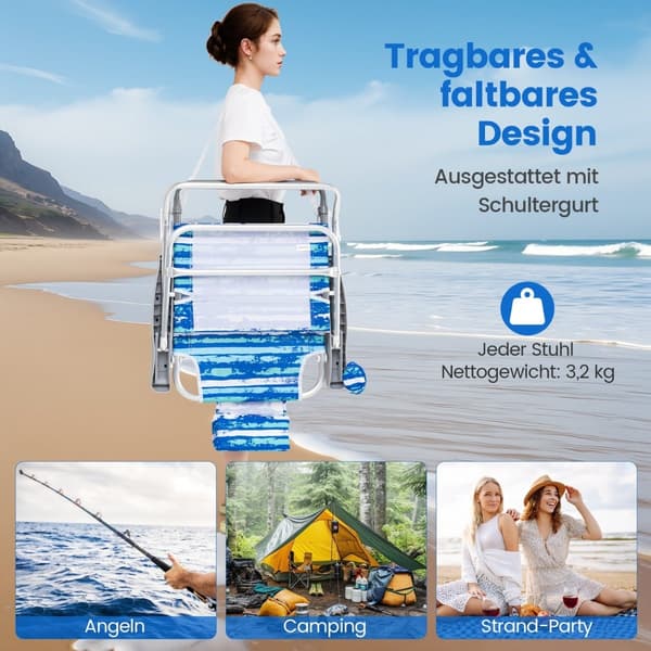 Sammenleggbare strandstoler, sett med 2, justerbar hvilestol, blå