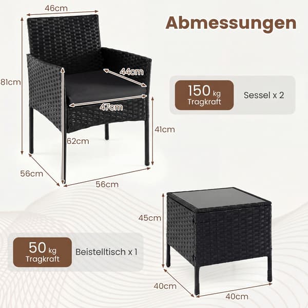 3-delt sort rattan havemøbelsæt med bord