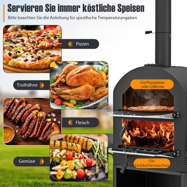 Vedeldad utomhuspizzaugn med lock och sten