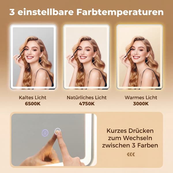LED-baderomsspeil med antidugg, dimbar, 70x50 cm