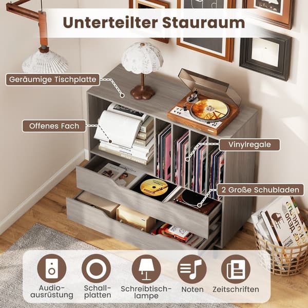 Pladespillerstativ med 4 vinylpladser og 2 skuffer, grå