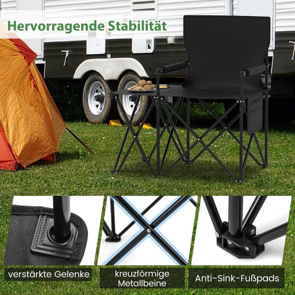 Sammenleggbare campingstoler, sett med 2, med sidebord og koppholder