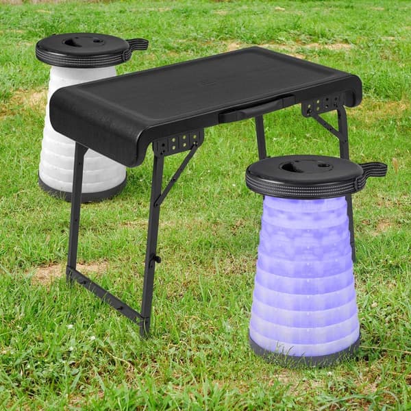 Bärbart campingbord med 2 LED-pallar, justerbar höjd