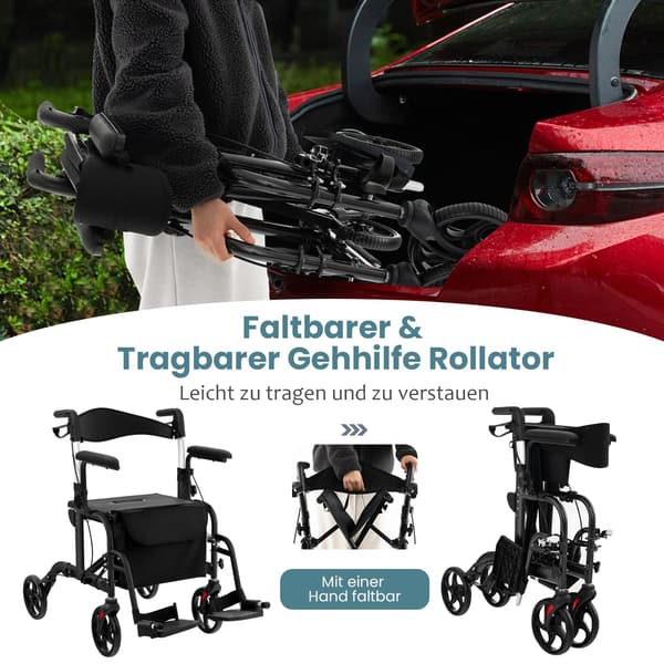 2-i-1 Rollator Gåstol & Kørestol, Sammenklappelig, Sort