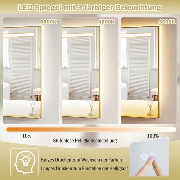 LED-baderomsspeil, antidugg, 3 lysfarger, 80x60 cm
