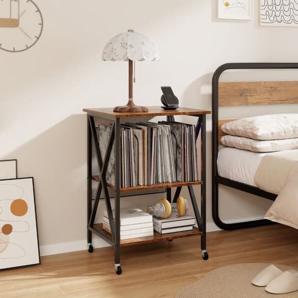 Platespillerstativ med vinyloppbevaring, låsbare hjul