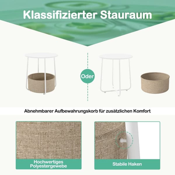 Runt sidobord med förvaringskorg, vit, metallram
