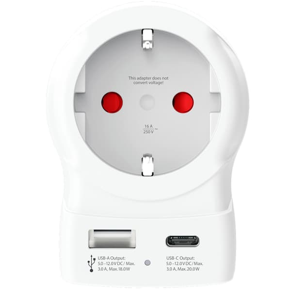 Strømadapter EU til US, USB-A/USB-C, 20W PD jordet